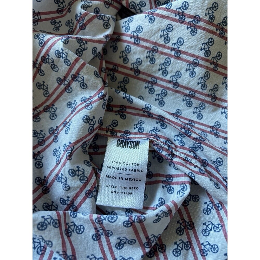 Grayson EUC The Hero 01 XS Button-up Shirt Top Striped Bicycle Print White Red - Picture 4 of 11
